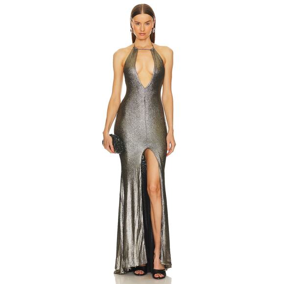 Michael Costello x REVOLVE Zephyr Metallic Halter Gown Evening XXS *DAMAGED* - Picture 2 of 10